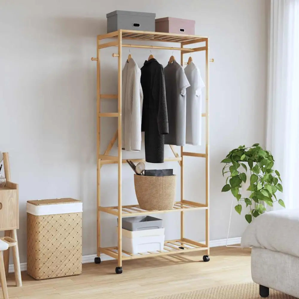Kledingrek met schappen en wielen 90x40x179,5 cm bamboe - Kledingrekken & kastinrichting