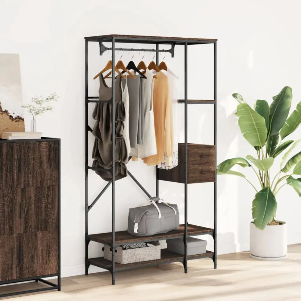 Kledingrek met schappen bewerkt hout bruin eikenkleur - Kledingrekken & kastinrichting