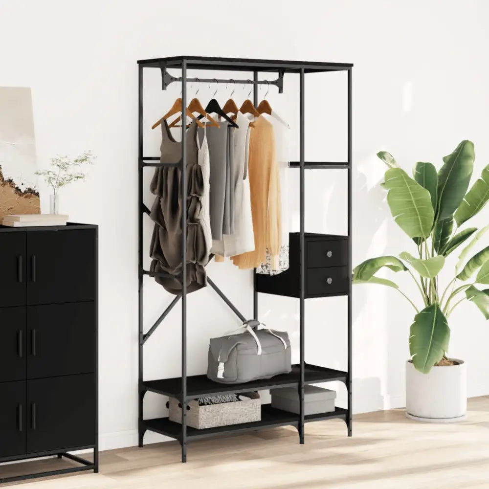 Kledingrek met schappen bewerkt hout zwart - Kledingrekken & kastinrichting
