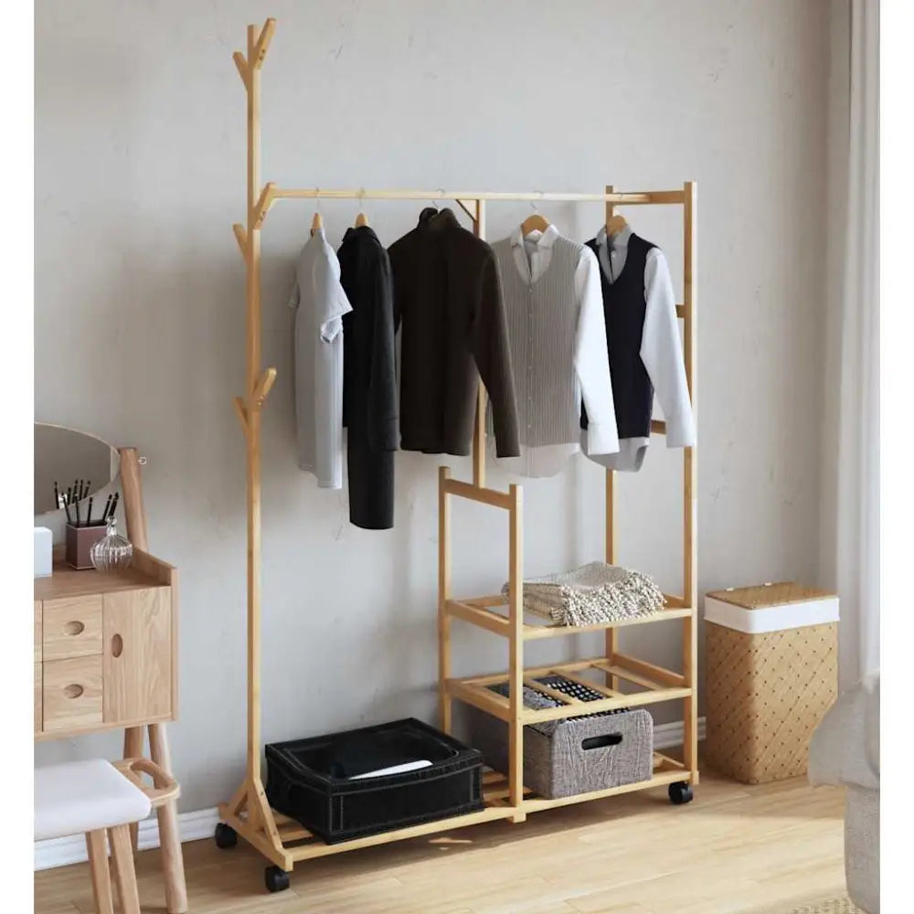 Kledingrek met schappen en wielen 100x38x175,5 cm bamboe - Kledingrekken & kastinrichting