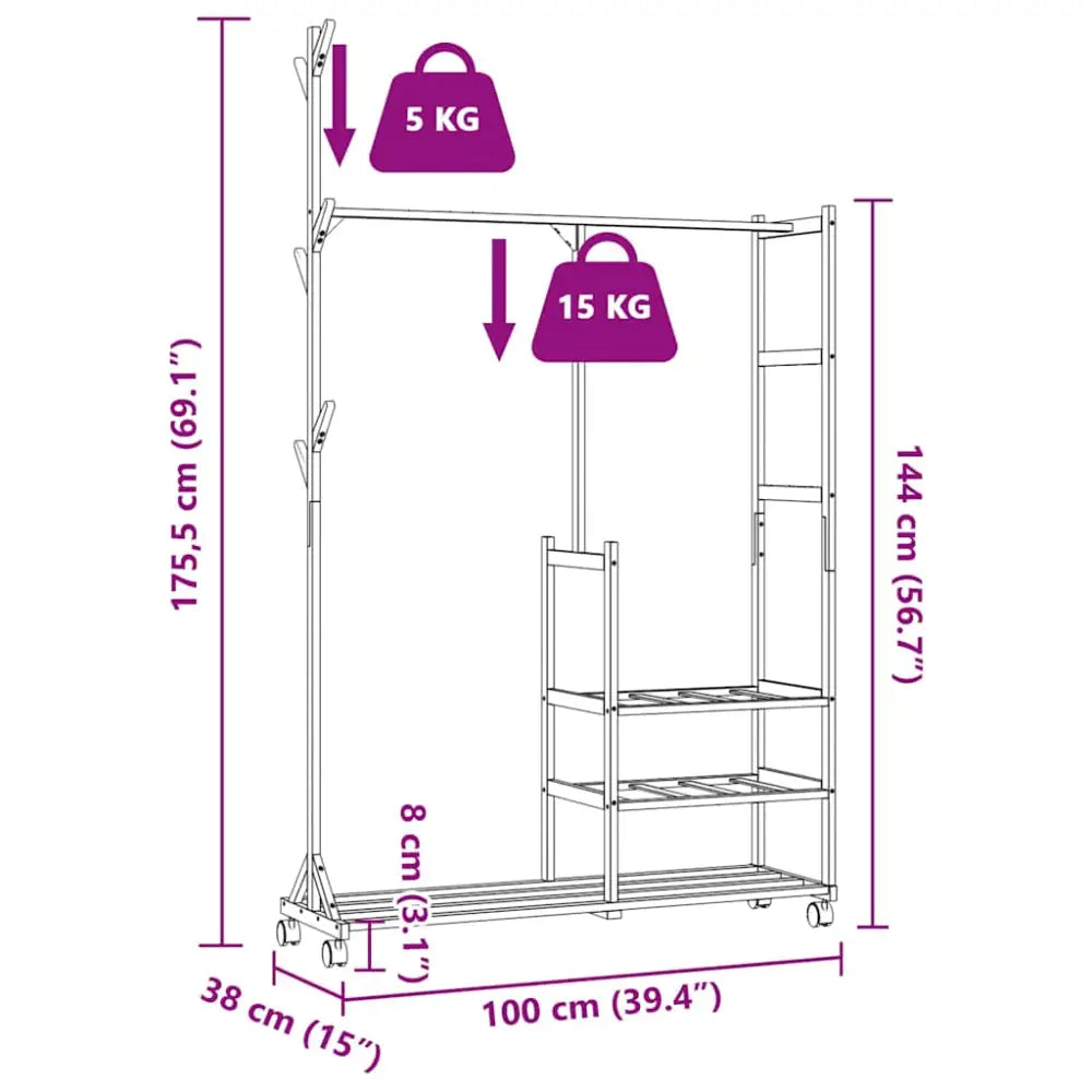 Kledingrek met schappen en wielen 100x38x175,5 cm bamboe - Kledingrekken & kastinrichting