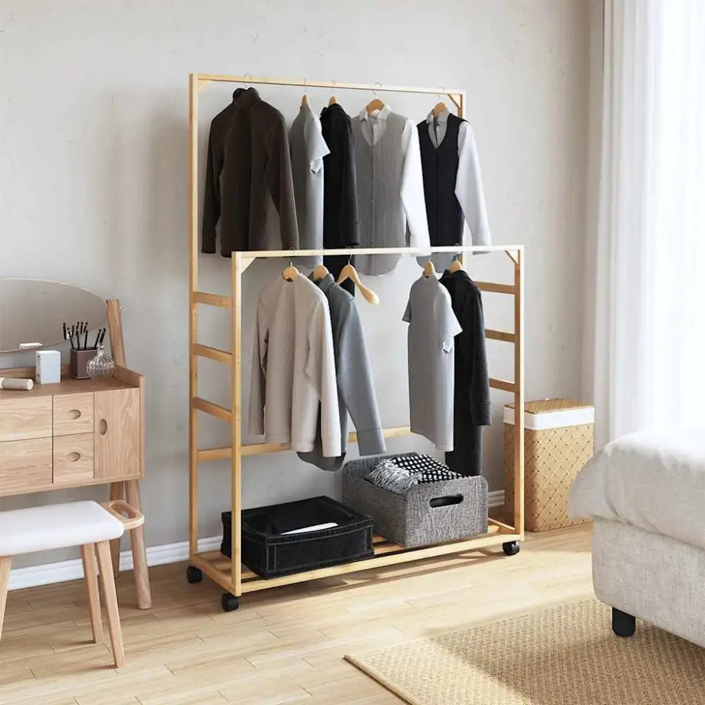 Kledingrek met schappen en wielen 90x35x155 cm bamboe - Kledingrekken & kastinrichting